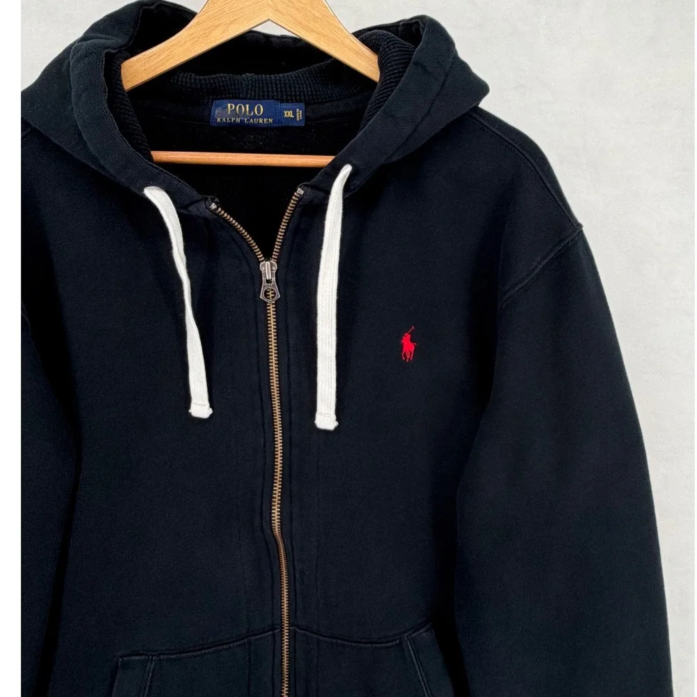 Polo Ralph Lauren Mens XXL Black Full Zip Fleece Hoodie Red Pony Logo